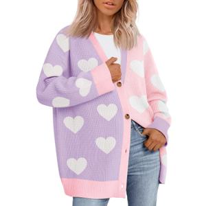 Saodimallsu Womens Heart Cardigan Sweaters Valentines Oversized Winter Color Block Button Up Cute Ribbed Sweater Coats (Small, Purple)