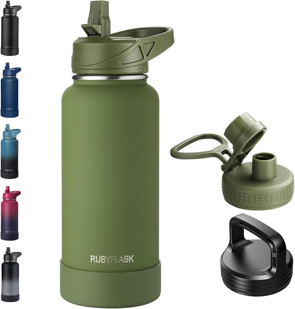 RUBYFLASK 32oz Insulated Water Bottle with Straw, Stainless Steel Metal Vacuum Water Flask, Large Thermal Water bottle with Leakproof 3 Lids for Travel, Camping, Gym Sports Armygreen
