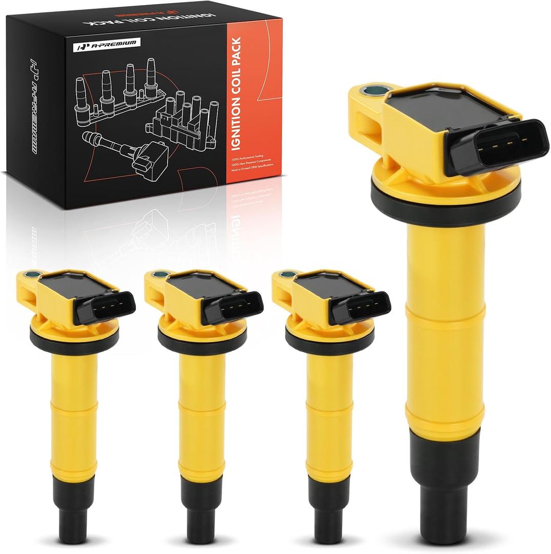 A-Premium Yellow Engine Ignition Coil Pack Compatible with Toyota Camry 2002-2011, RAV4 2001-2008, Corolla 2009-2010, Highlander, Matrix, Solara & Scion tC, xB & Lexus HS250h & Pontiac Vibe, Set of 4