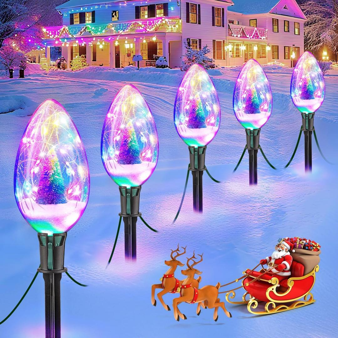 Brightever Jumbo C9 Outdoor Christmas Decorations, 8FT Waterproof Plug-in Pathway Lights Connectable, 5 Large C70 Jumbo Light Bulbs with Built-in Mini Christmas Tree in Snowy Landscape, Multicolored