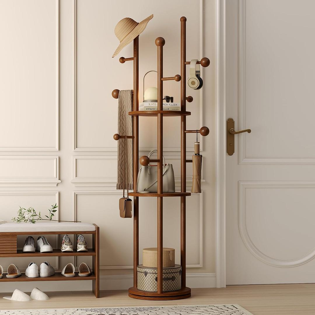 FROMJBEST Solid Wood Coat Rack Freestanding Rotating Clothes Rack with 9 Hooks & 3 Storage Shelves for Purse, Bag, Hat, Coat Hanger Stand for Entryway, Hallway, Office, Mid-Centry, Walnut