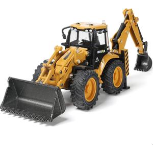 Excavator Toy, 1/50 Metal Die-cast Excavator Backhoe Front Loader Bulldozer, Construction Vehicle Model Decoration Toy Gift for Boys -Yellow