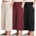 Real Essentials 3 Pack: Women's Ultra-Soft Wide Leg Loose Capri Open Bottom Pants - Yoga Lounge Pockets(Available in Plus) Large