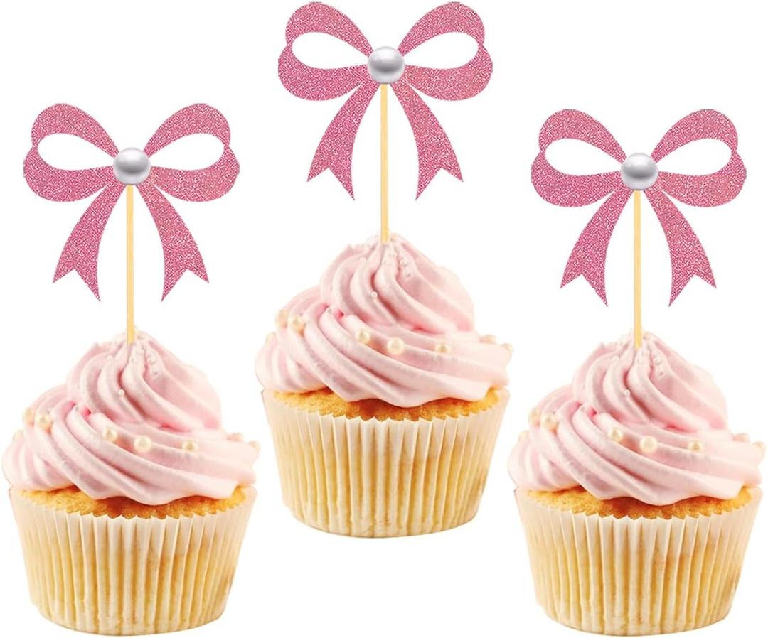 24Pcs Pink Bow Cupcake Toppers Pink Bow Birthday Decorations for Coquette Bridal Baby Shower Wedding Themed Party Decorations Supplies(bow)
