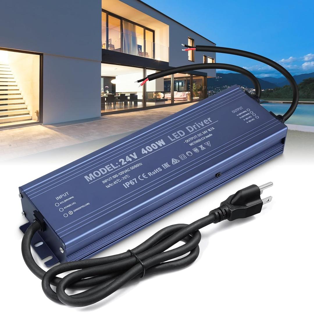 LED Driver 24V, BRIMETI LED Power Supply 400W Waterproof IP67 Transformer Adapter 110V AC to 24V DC Converter Low Voltage Output with 3-Prong Plug 3.3 Feet Cable for Outdoor LED Light Strip, 16,7 Amp