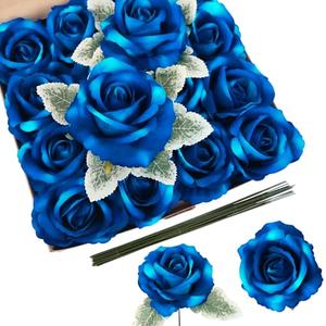 IPOPU 14pcs Blue Velvet Rose Artificial Flowers 3.93" Large Fake Rose Bulk Real Touch Silk Flowers for DIY Wedding Bouquet Floral Arrangement Home Party Garden Decorations(Blue)