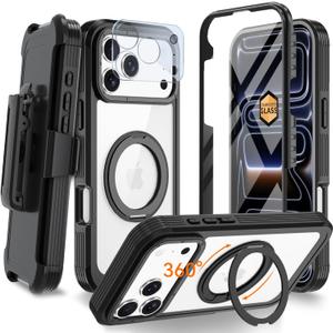 Magnetic for iPhone 17 Pro Case, Compatible with MagSafe, Full Body Rugged Case with Built-in Screen Protector & Kickstand & Belt-Clip (Black)