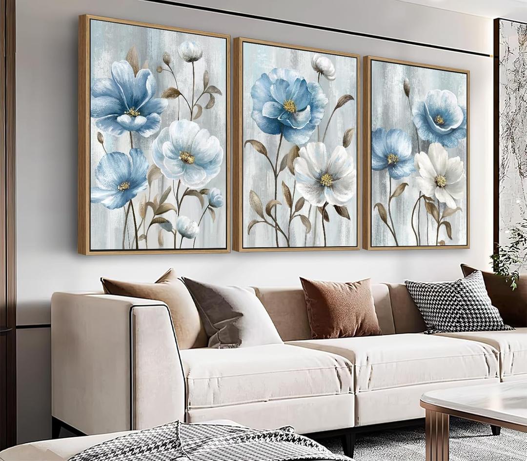 NINEASO Flowers Framed Canvas Wall Art - Blue White Flowers Pictures Abstract Floral Wall Decor Rustic Botanical Painting Farmhouse Print Artwork for Living Room Bedroom Home Office 24x36in*3 Natural