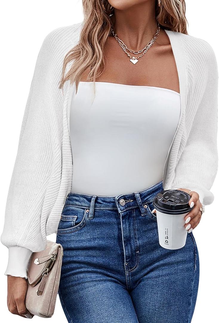 HOTOUCH Women's Cardigan Shrugs Long Batwing Sleeve Knitted Cropped Bolero Open Front Casual Elegant Cardigans for Dresses (White, S)