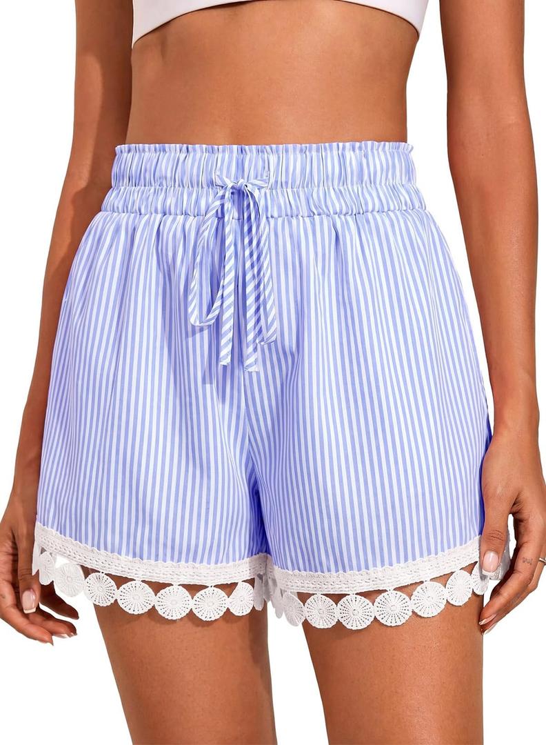 Dokotoo Women's Shorts Fashion Lace Trim Drawstring Elastic Waist Sky Blue Short Stripe Pants Lightweight Loose Athletic Beach Vacation Clothes for Women, XX-Large