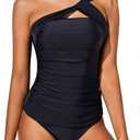Tempt Me Two Piece Tankini Bathing Suits for Women One Shoulder Swim Top with Bottom Swimsuits Black XL