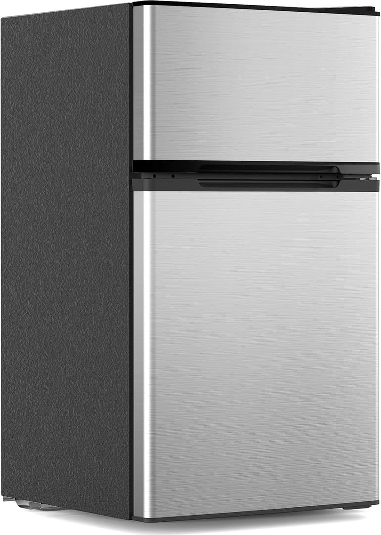 3.1 Cu.Ft Mini Fridge with Freezer, 2 Door Compact Refrigerator, Mini Fridge with Adjustable Removable Glass Shelves for Bedroom, Office, Dorm or Apartment, Stainless Steel (Silver)