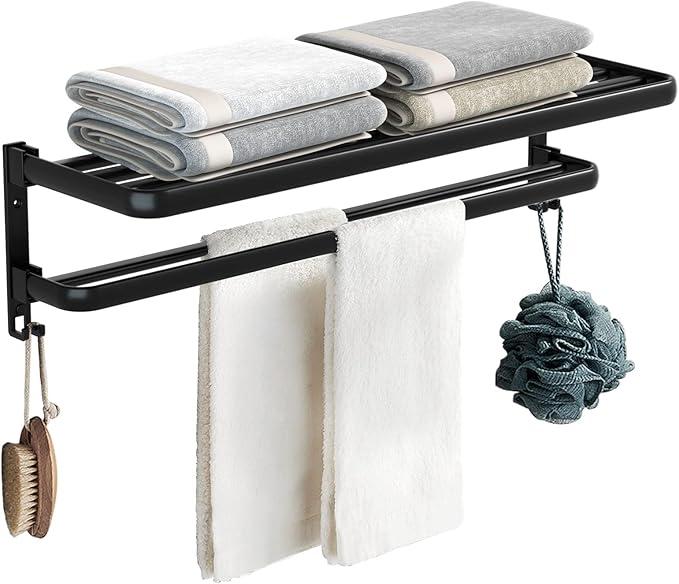 Towel Racks for Bathroom 24in, Grey Towel Rack Wall Mounted, Double Layer Foldable Bathroom Towel Rack, Widen Towel Shelf with Flat Towel Bar for More Stable Storage 