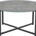 Household Essentials Jamestown Round Coffee Table Rustic Slate Concrete and Black Metal (Grey)