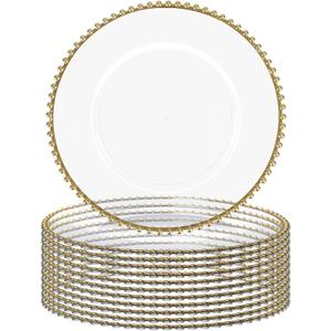 MAONAME 13" Clear Charger Plates Set of 12, Round Plate Chargers with Gold Beaded Rim, Table Charger for Dinner Plates, Plastic Chargers for Table Setting, Wedding Decor