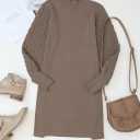 HUUSA Winter Dresses for Women 2025 Fall Puff Long Sleeve Sweaters Loose Mock Neck Outfits Sexy Mini Dress Going Out (Brown, L)