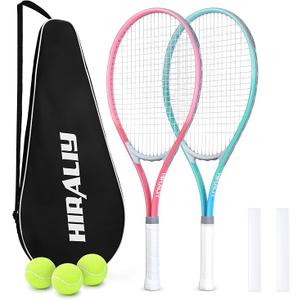 HIRALIY 27" Tennis Rackets Set for Adults, 2 Player Pre-Strung Tennis Racquets, 2 Overgrip Tapes,3 Balls, and 4 Carrying Bag, Outdoor Recreational Sport for Beginner, Men, Women