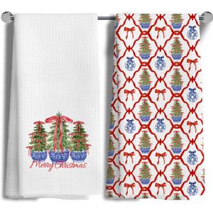 Blue and White Chinoiserie Christmas Tree Kitchen Towels Set of 2,Christmas Dish Towels for KitchenXmas Hand Towels for BathroomGrandmillennial Home Decor 16x24 Inch