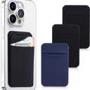 3Pack Cell Phone Card Holder Pocket for Back of Phone,Stretchy Stick on Wallet Credit Card ID Case Pouch Sleeve Self Adhesive Sticker with Flap for iPhone Samsung Galaxy-2Black+1Navy Blue