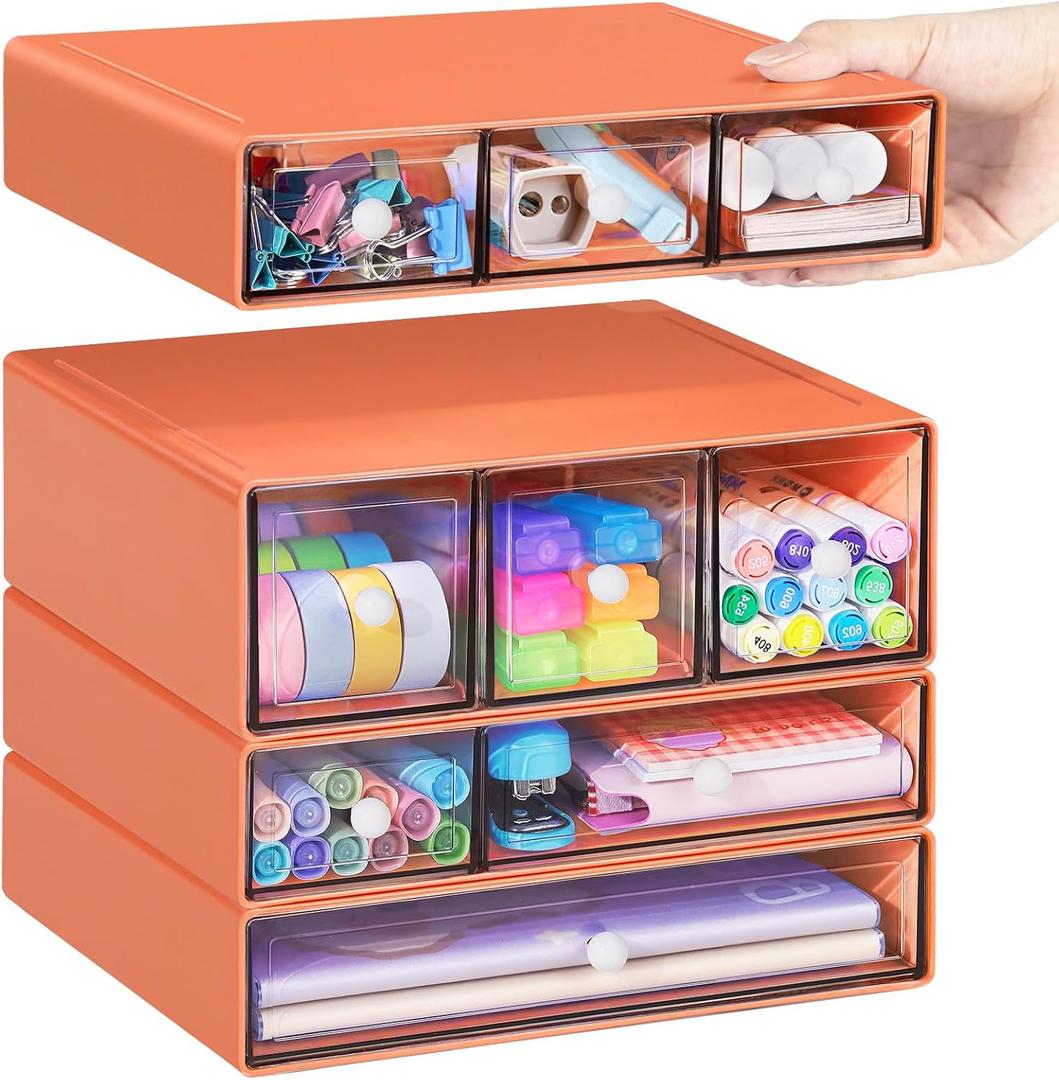 Desk Storage Organizer with 9 Drawers, 4 Tiers Stackable Desktop Craft Storage Drawers, Clear Storage Box Caddy for Stationary Makeup Jewelry Office Craft Supplies (Orange)