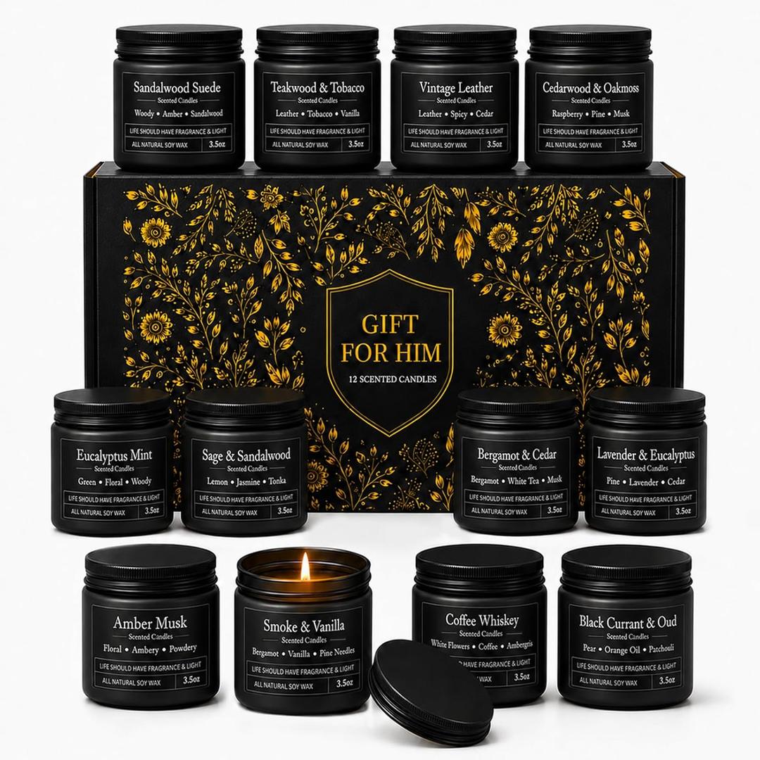 YMing 12 Pack Scented Candles for Men, Masculine Soy Candle Gift Set, 3.5 oz Each, Woody Leather Tobacco Coffee & Amber Scents, Gifts for Men Dad Husband Boyfriend