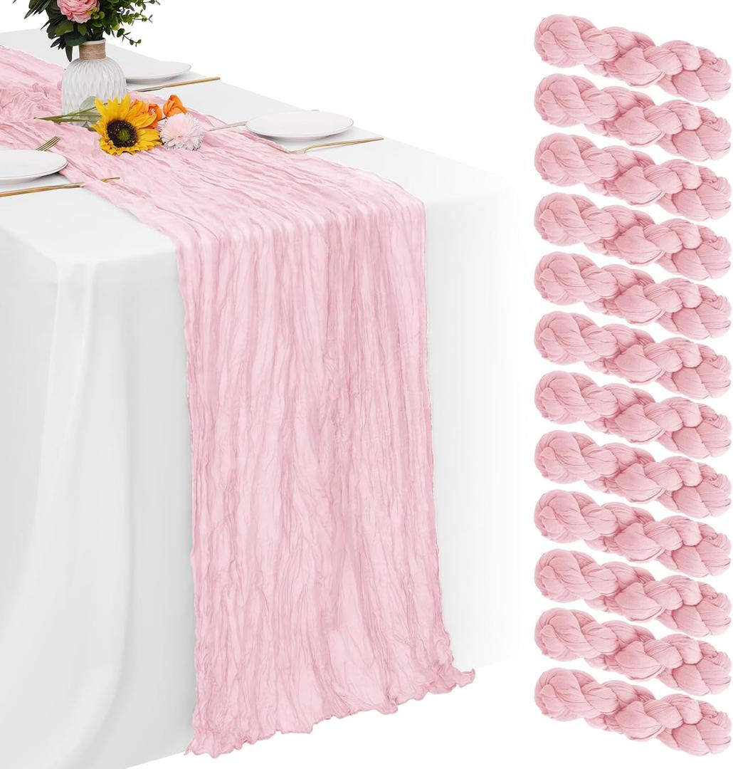 Aktor 12 Pack Pink Table Runner Boho Cheesecloth Table Runner Semi Sheer Gauze Fabric Runners for Wedding Birthday Baby Shower Party Boho Table Decoration Pink