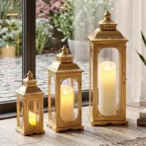 TRIROCKS Set of 3 Vintage Candle Lanterns 10/14/19.5''H Decorative Outdoor Lantern Metal Candle Holder with Tempered Glass for Home Living Room Garden Yard Parties Event Indoors Outdoors (Gold)