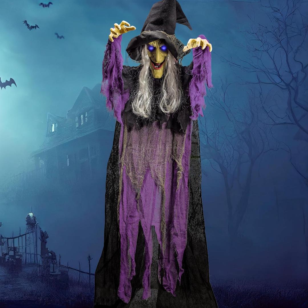 JOYIN 72 Halloween Hanging Witch Decorations Outdoor, Flying Talking Ghost Decor Light Up Eyes Sound Activated, Outside Indoor Haunted House Prop for Lawn Yard Garden, Purple