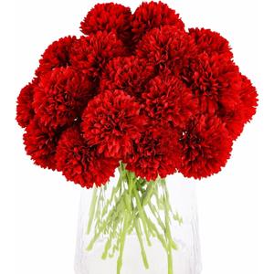 Kimura's Cabin 20Pcs Fake Chrysanthemum Artificial Flowers Silk Ball Flowers Faux Mums Flower with Stem for Wedding Party Bouquets Arrangements Home Table Centerpieces Christmas Decoration (Red)