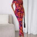 BTFBM Cocktail Dresses for Women 2026 Elegant Classy Off Shoulder Bodycon Mesh Slit Floral Maxi Spring Summer Dress (L)