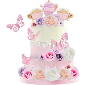 33 Pieces Tea Party Cake Toppers Flower Butterfly Teapot Teacup Floral Birthday Cake Decorations for Wedding Baby Shower Princess Tea Party Supplies