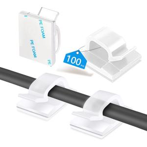 Abnii 100PCS Cable Clips, Adhesive Wire Clips Organizer Cord Clips Management, Cable Staples Outdoor Strong for Wall, Desk, Christmas Lights, String Lights, TV PC Ethernet Cable, Clear Small