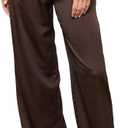 WDIRARA Women's Satin Pants Elastic Waist Wide Leg Pants Loose Trousers (Brown, L)