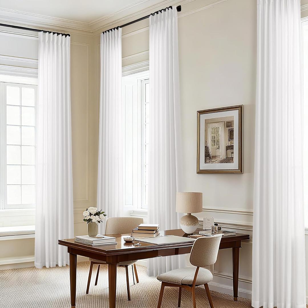 Ivory White Pinch Pleated Linen Curtains 102 Inch Long Memory Shape Training Pleat Drape with Hooks Rings Back Tab for Living Room Modern Neutral Cream Birch Semi Sheer 102 Inch Curtain