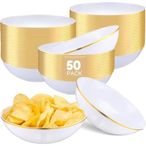 50 Pcs 12 oz White Plastic Bowls Bulk Disposable Bowls with Gold Rim Plastic Serving Tableware Birthday Party Supplies for Wedding Chips Salad Dessert Ice Cream Candy Plates Catering