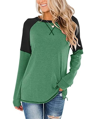 Bingerlily Women's Casual Long Sleeve Tunic Tops Crew Neck Color Block Blouses (Grass green, Small) Size S