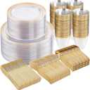 WELLIFE 600pc Gold Trim Plastic Dinnerware Set for Party: 100 Dinner Plates, 100 Dessert Plates, 300 Cutlery, 100 cups