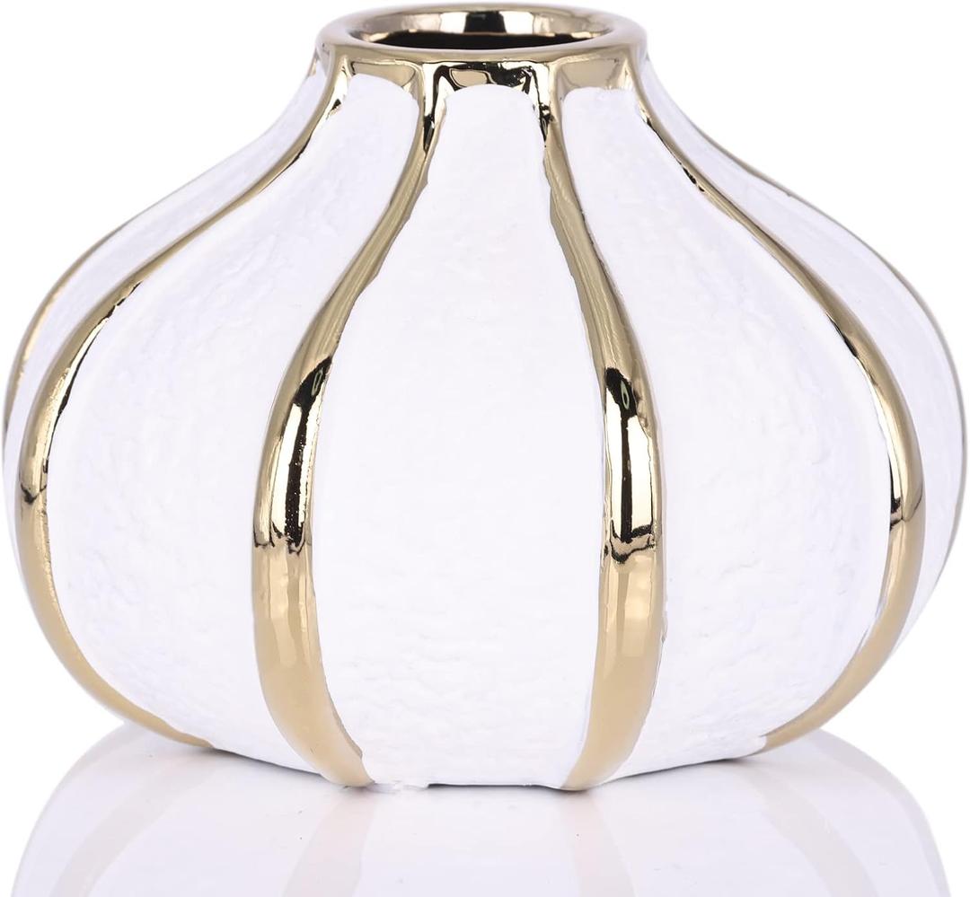 White Gold Home Decor Vase, Round White Bud Ceramic Vase for Flowers, Luxury Home Decoration, Dining Table Centerpiece (E-White)