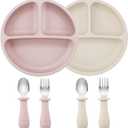 PandaEar 6 Pack Toddler Plates and Utensils Set, 2 Pack Silicone Baby Plates with Suction and 4 Stainless Steel Baby Spoons Forks, Toddler Dinnerware Set, Baby Dishes