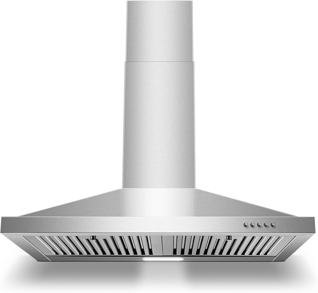 Range Hood 30 inch, Wall Mount Range Hood Ducted/Ductless, Kitchen Hood in Stainless Steel, Vent Hood with Baffle Filters, 3 Speed Fan, Push Button Control, Energy-Saving LED Light, Stainless Steel 