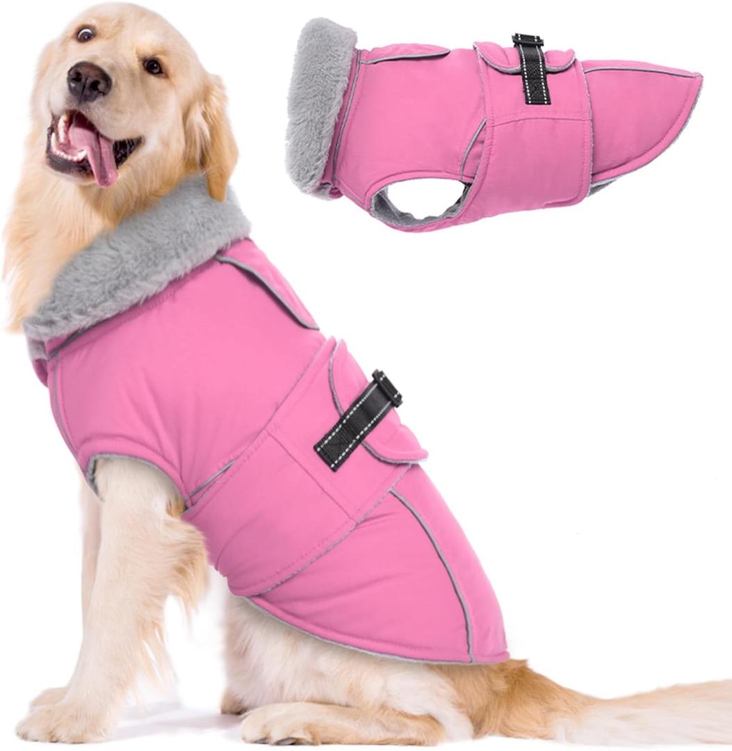 Lelepet Warm Dog Coats for Large Dogs Waterproof Dog Winter Jacket Reflective Pet Fleece Vest Windproof Cold Weather Coats with Adjustable Buckle & Leash Hole, Pink, XXL 