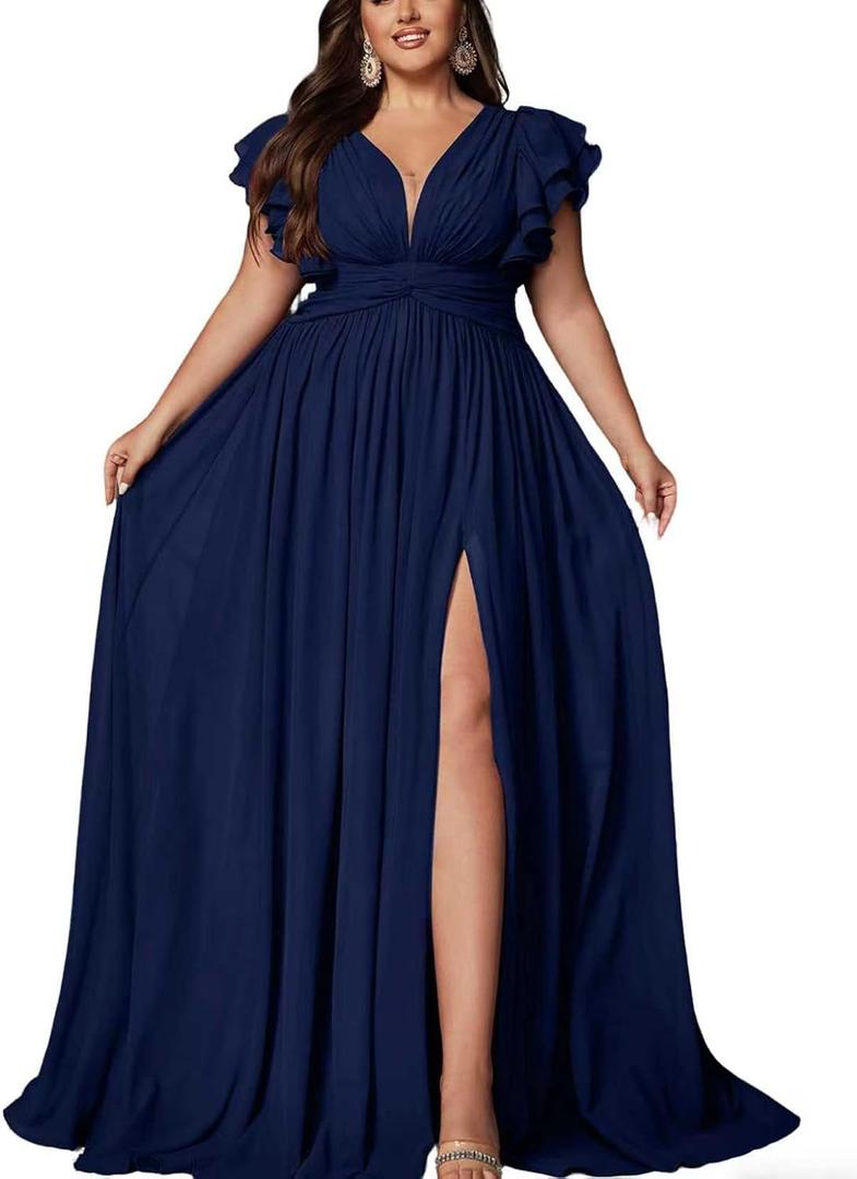 Women's Plus Size Bridesmaid Dresses Chiffon Wedding Guest Summer Maxi Dress Elegant Prom Evening Party Cocktail Gown (Blue, XL)