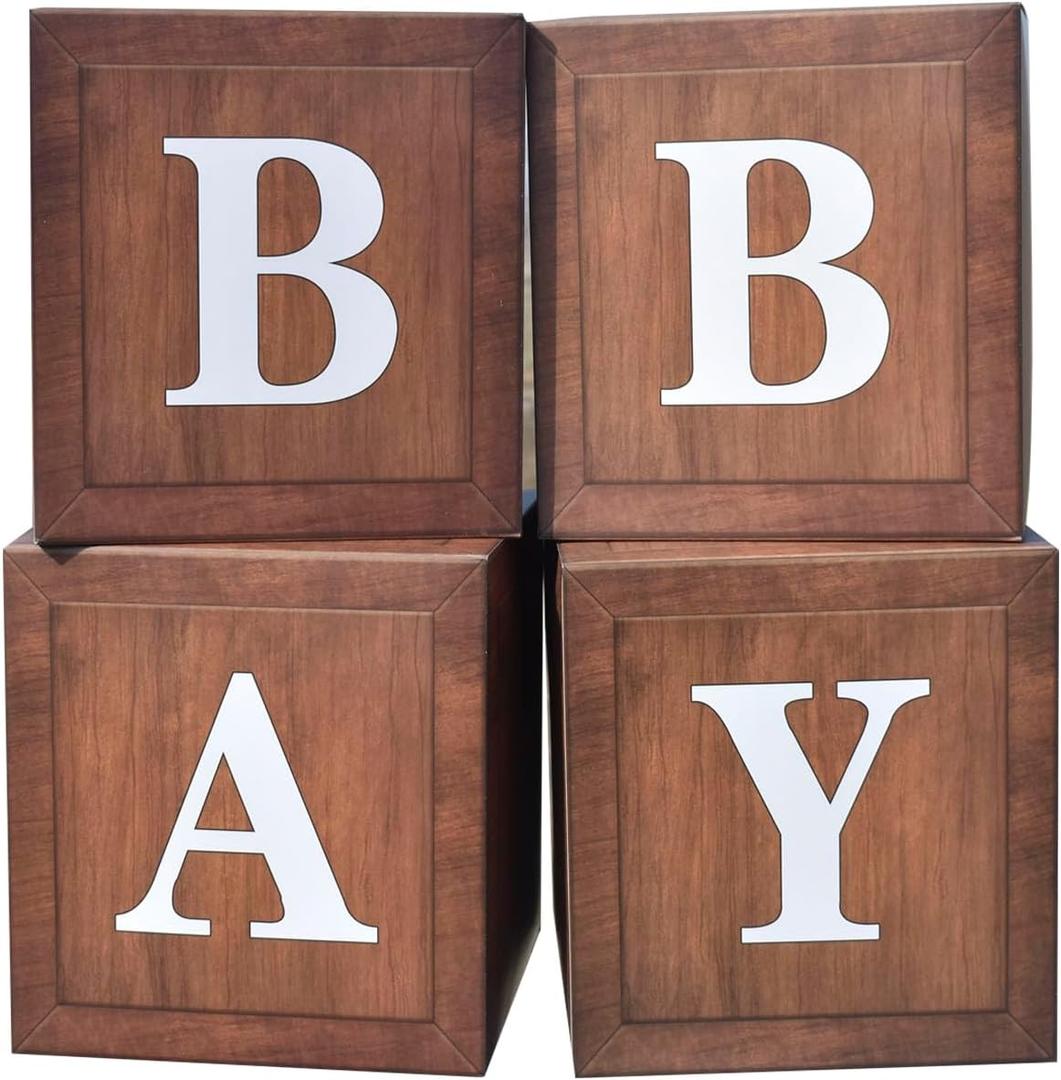 Baby Boxes with Letters for Shower, 4pcs Decorations for Boy Girl Balloon Boxes Gender Reveal Birthday Party Favors (Wood)