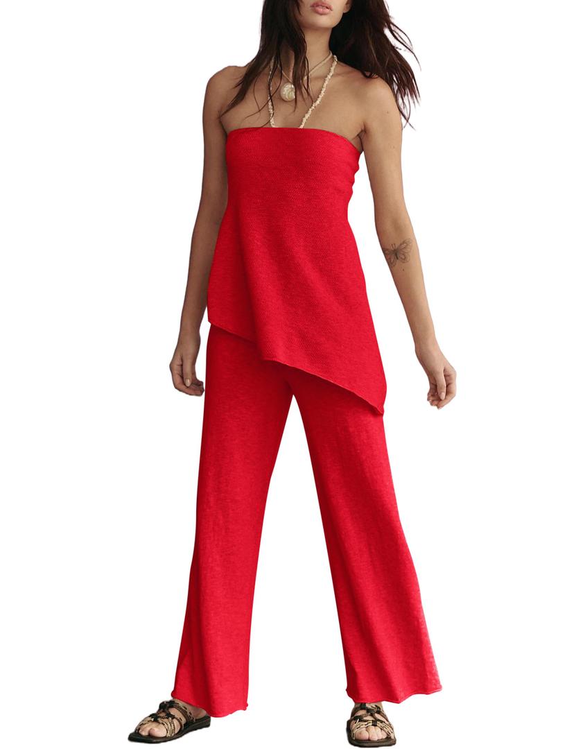 TERIVEEK Summer Knit Sweater Sets for Women 2 Piece Vacation Outfits Strapless Tube Top and Pants Sets Matching Lounge Set (Red, L)