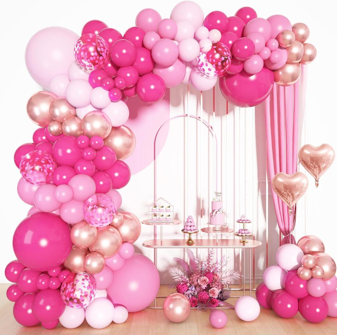 Ouddy Life Pink Balloons Arch Garland Kit, Different Sizes 18 12 10 5Inch Hot Pink Pastel Latex Metallic Confetti Heart Foil Balloon for Girls Women Wedding Engagement Birthday Party Decorations