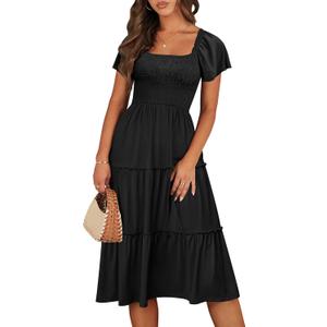 ANRABESS Women Summer Casual Square Neck Flutter Sleeve Boho Smocked A-Line Flowy Tiered Modest Midi Sun Dress with Pockets (XX-Large)