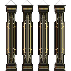 4 Pcs Roaring 20s Party Decorations Black and Gold Column Door Porch Banner 1920s Hanging Banner Speakeasy Awards Wedding Decorations Supplies