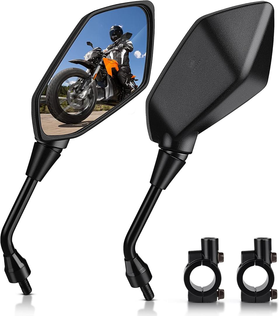 MICTUNING Universal Hawk-eye Motorcycle Convex Rear View Mirror - with 10mm Bolt, Handle Bar Mount Clamp Compatible with Cruiser, Suzuki, Honda, Victory and More