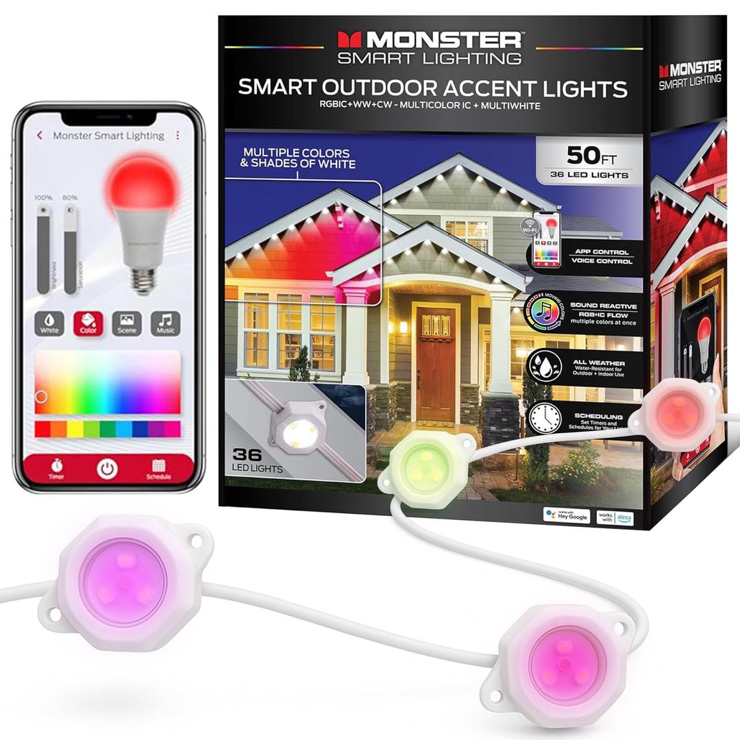 Monster Smart Permanent Outdoor Lights, 50ft, 36 LED Eaves Lights, RGB+IC+WW, Weather & Water Resistant, App & Voice Control, Compatible with Alexa and Google, for Halloween, Christmas & Year-Round