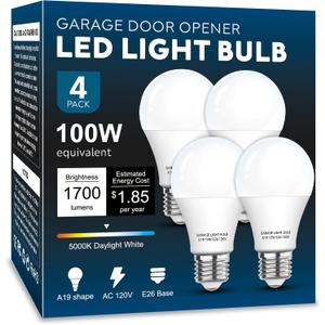 Garage Door Opener LED Light Bulb 4 Pack15W Equivalent to 100W Garage Light Bulb,A19 5000K Daylight White E26 Base 120V Outdoor Light Bulbs,Minimize Interference,Dimmable